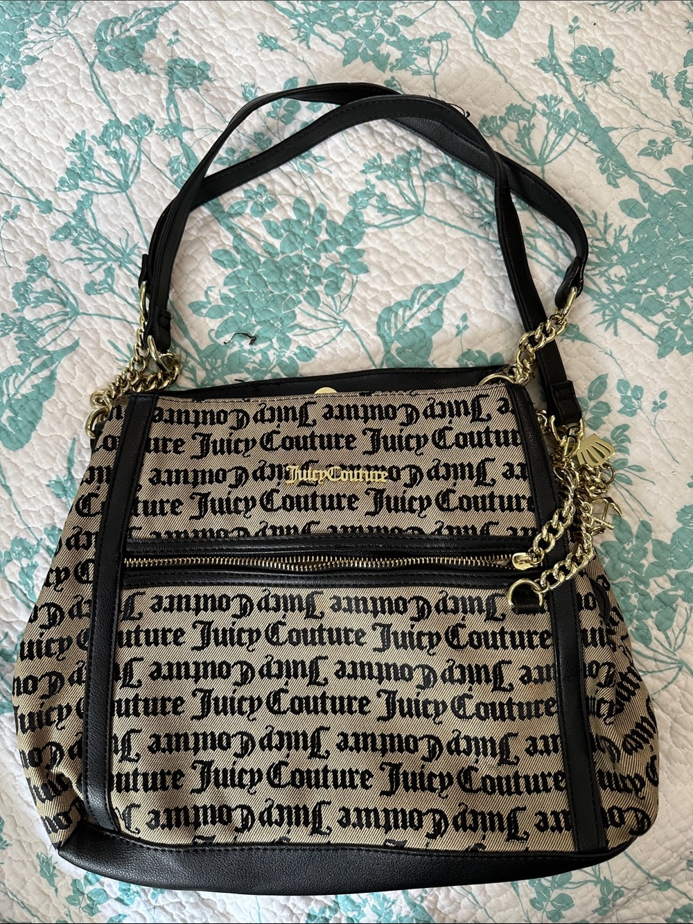 Juicy Couture Beige and Black Logo Chain-Accent Shoulder Bag